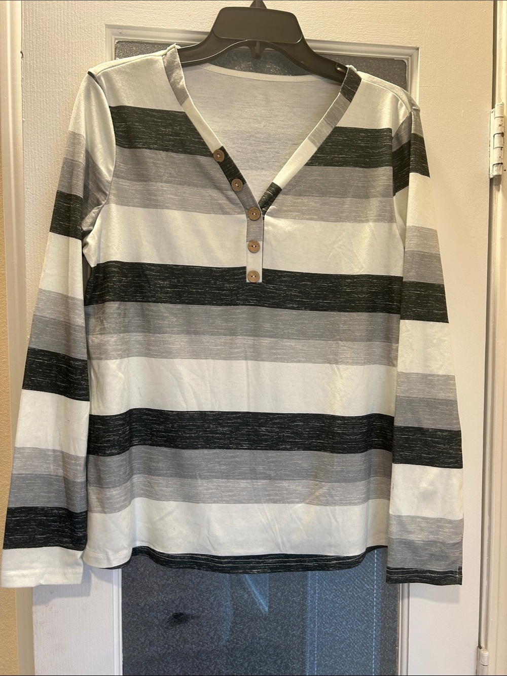 SHEIN Black & Gray Striped Long-Sleeve Henley Tee